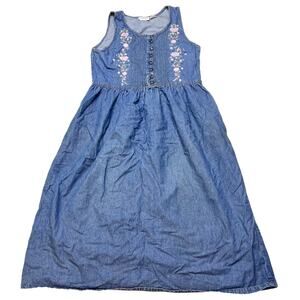 Vintage J Gee Denim Jumper Dress Large Embroidered Flowers Teachers Jean Cotton